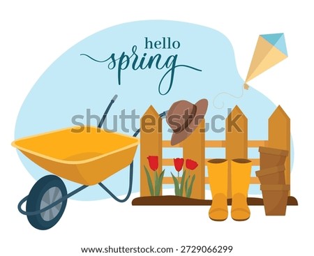 Hello spring gardening composition with flower pots wheelbarrow and wooden fence creating a fresh cheerful seasonal atmosphere