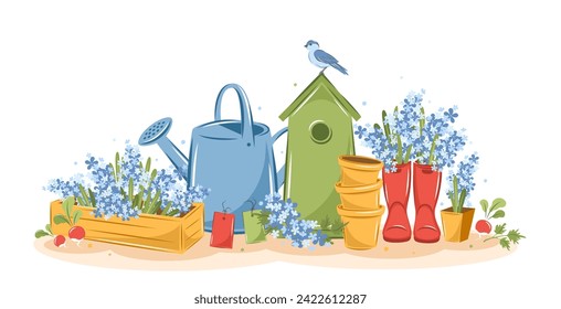 Hello spring. Gardening, growing plants, agricultural tools. Vector illustration. 