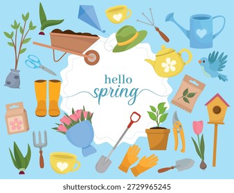 Hello spring gardening scene with tools bulb flowers bird seed pack wheelbarrow watering can plant pot and rubber boots creating a fresh cheerful seasonal mood