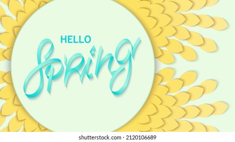 Hello Spring. Gentle and light background with papercut leaves composition. Vector design 