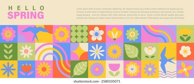 Hello spring geometric banner with elements of season, flowers,leaves, birds and place for text. Trendy template for spring season poster, flyer, web, social media,greeting, invitations. Vector