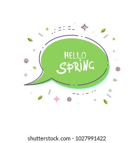 Hello Spring geometric vivid banner. Bubble badge. Memphis style. Element for graphic design - poster, flyer, brochure, card, tag, sticker, badge. Vector illustration.