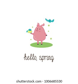 Hello Spring gift card with lettering and a small cute piglet standing on the meadow and playing with birds. Vector illustration on a white background.