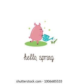 Hello Spring gift card with lettering and a little cute piglet walking on the meadow and watering the grass and flowers. Vector illustration on a white background.