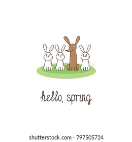 Hello Spring gift card with lettering and little cute dachshund puppy sitting among little white rabbits on a meadow. Vector illustration on a white background.