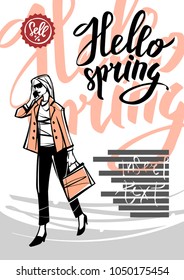 Hello spring. Girl in coat talking on the smartphone in the background of the lettering. Hand drawn illustration.