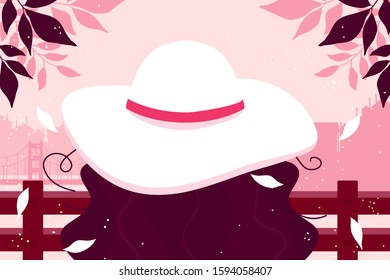 Hello Spring. Girl with hat sitting on a bench in a park. Back view.