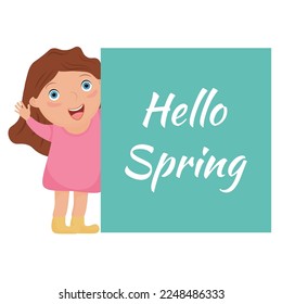 Hello Spring. a girl holds a banner with the text. Vector