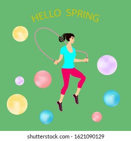 Hello spring - Girl jumping rope - colorful balloons - green background - vector.