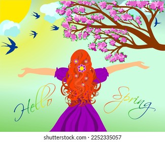 hello spring girl in purple, woman with flowers pattern character