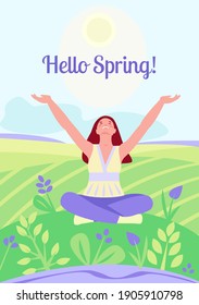 Hello Spring. The girl sits against the background of a spring landscape. Vector illustration in flat cartoon style. For banner, cover, templates, posters.
