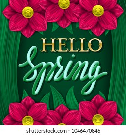 Hello spring golden and green gradient plastic lettering on green background with pink flowers.