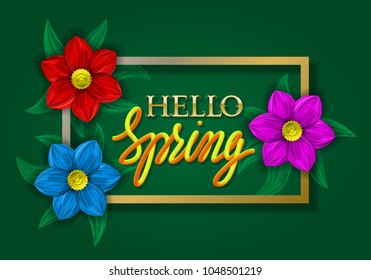 Hello spring golden and yellow gradient lettering on green background in golden frame with colorful flowers.