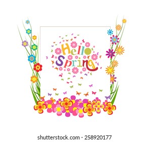 hello spring with grass and butterfly colorful banner