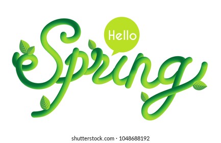 Hello Spring. Green 3d neon gradient blend typeface. Tube hand-drawn lettering isolated on white background.