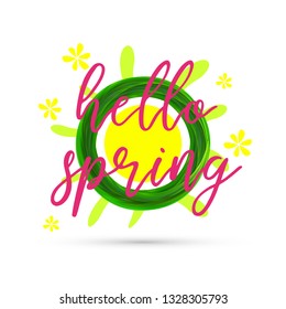 Hello spring green abstract circle with lettering . Vector illustration for  Mother's Day,8 March Women's Day, greeting cards, invitations, sale coupons. Eco nature style