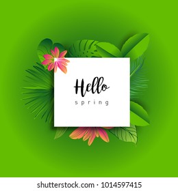 Hello Spring green card design with a textured abstract background and text in floral frame, vector illustration. Lettering design element.
