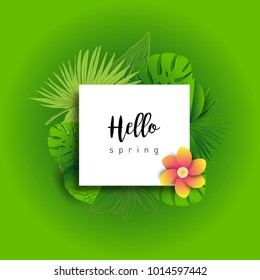 Hello Spring green card design with a textured abstract background and text in floral frame, vector illustration. Lettering design element.