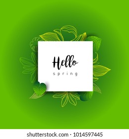 Hello Spring green card design with a textured abstract background and text in floral frame, vector illustration. Lettering design element.