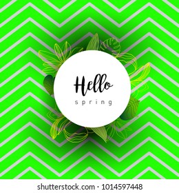 Hello Spring green card design with a textured abstract background and text in floral frame, vector illustration. Lettering design element.