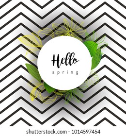 Hello Spring green card design with a textured abstract background and text in floral frame, vector illustration. Lettering design element.