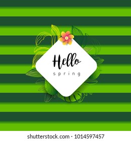 Hello Spring green card design with a textured abstract background and text in floral frame, vector illustration. Lettering design element.