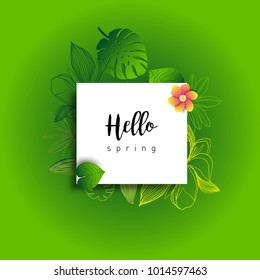 Hello Spring green card design with a textured abstract background and text in floral frame, vector illustration. Lettering design element.