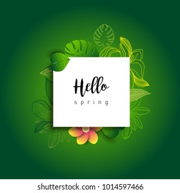 Hello Spring green card design with a textured abstract background and text in floral frame, vector illustration. Lettering design element.