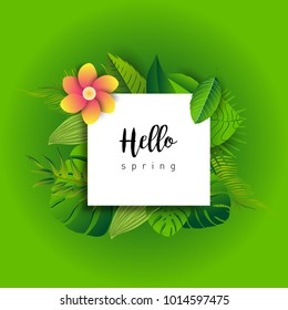 Hello Spring green card design with a textured abstract background and text in floral frame, vector illustration. Lettering design element.