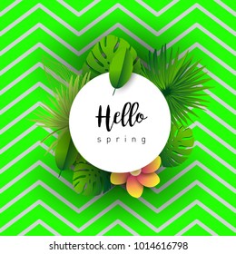 Hello Spring green card design with a textured abstract background and text in floral frame, vector illustration. Lettering design element.
