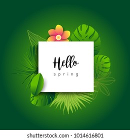 Hello Spring green card design with a textured abstract background and text in floral frame, vector illustration. Lettering design element.
