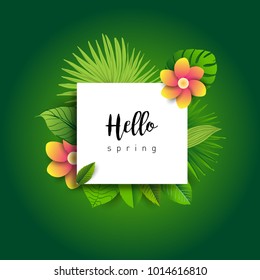 Hello Spring green card design with a textured abstract background and text in floral frame, vector illustration. Lettering design element.
