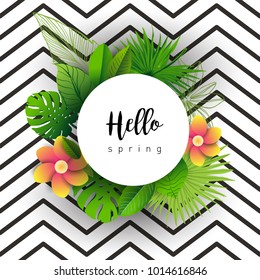 Hello Spring green card design with a textured abstract background and text in floral frame, vector illustration. Lettering design element.
