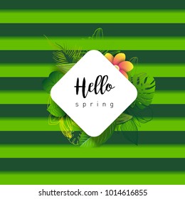 Hello Spring green card design with a textured abstract background and text in floral frame, vector illustration. Lettering design element.
