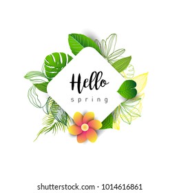Hello Spring green card design with a textured abstract background and text in floral frame, vector illustration. Lettering design element.
