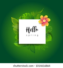 Hello Spring green card design with a textured abstract background and text in floral frame, vector illustration. Lettering design element.
