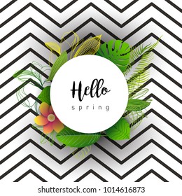Hello Spring green card design with a textured abstract background and text in floral frame, vector illustration. Lettering design element.
