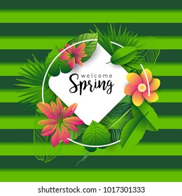 Hello Spring green card design with a textured abstract background and text in floral frame, vector illustration. Lettering design element.