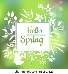 Hello Spring green card design with a textured abstract background and text in square floral frame, vector illustration. Lettering design element