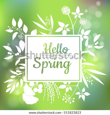 Hello Spring green card design with a textured abstract background and text in square floral frame, vector illustration. Lettering design element