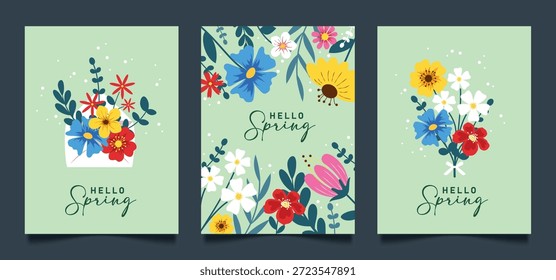 Hello Spring green greeting card clipart poster set. Texto de saudação de primavera com buquê de flores coloridas e coleção de arte clipe de design de borda para primavera modelo de cartão de convite verde ilustração vetorial.

