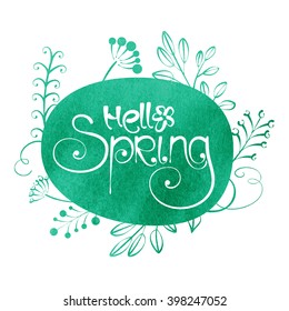 Hello spring green grunge watercolor vector background. Card template.