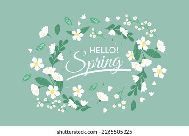 Hello Spring green hand logotype, badge typography icon. Lettering spring season with leaf for greeting card, invitation template. Modern lettering banner poster template background, Sale, offer