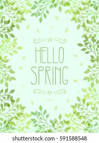 Hello Spring. Green Leaves Frame on Blue Background.