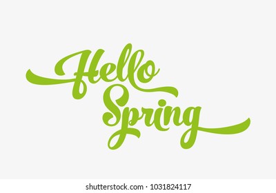 Hello spring green stylized calligraphic inscription on a white background. Spring template for your design, cards, invitations, posters.