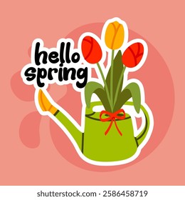 Hello spring and green watering can filled with blooming spring flowers on a pink background