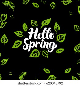 Hello Spring Greenery Design. Vector Illustration of Nature Calligraphy with Hand Drawn Sketches.