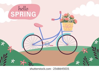 Hello spring greeting banner with bicycle and flower basket. Floral springtime hand drawn illustration.