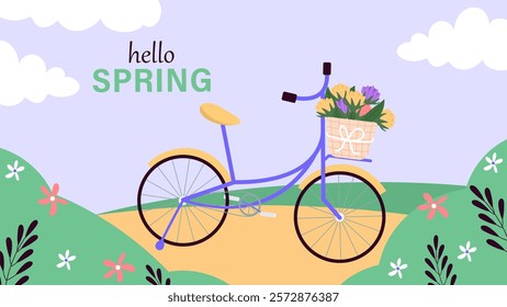 Hello spring greeting banner with bicycle and flower basket. Floral springtime hand drawn illustration.