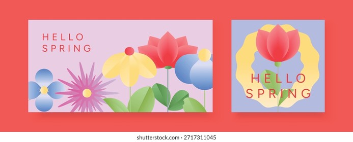 Hello Spring Greeting Banner and Card Set with Pastel Flowers, Pink Background, Gradient Shapes, Tipografia. Ilustração De Vetor Plano, Estilo Geométrico.
